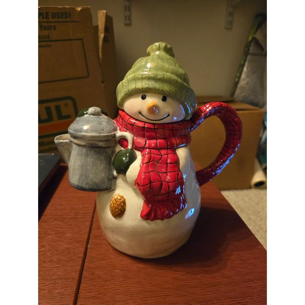 Hallmark Mitford Jan Karon Snowman Teapot Ceramic Red Green White 60020269